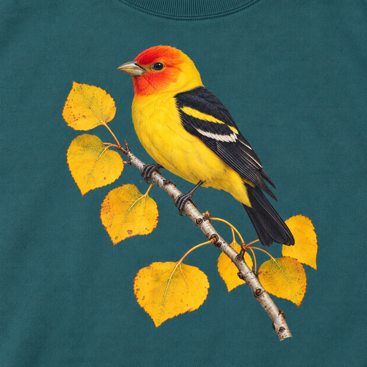 Close-up of the western tanager print on Blue Spruce fleece, showing the red head, yellow body, black wings and golden aspen leaves