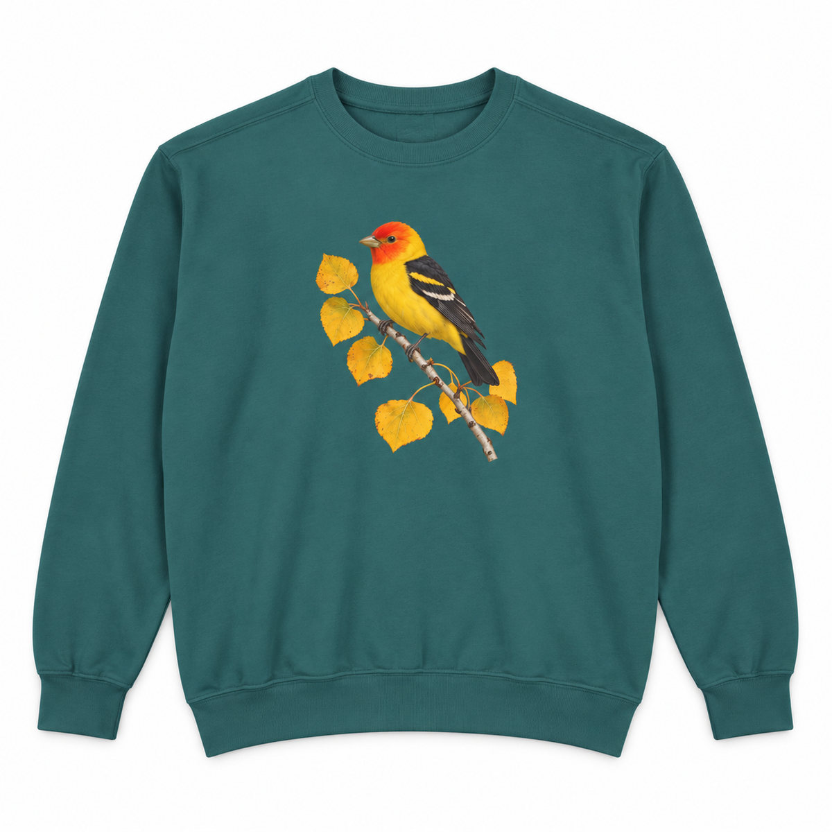 Western Tanager on Golden Aspen sweatshirt in Blue Spruce, flat view of the garment-dyed Comfort Colors 1566 crewneck