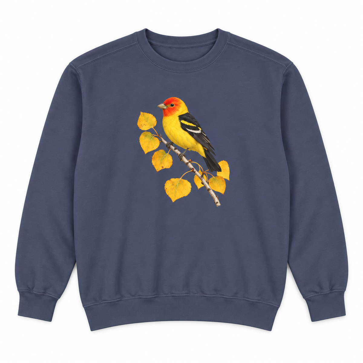 Western Tanager on Golden Aspen sweatshirt in Denim, flat view