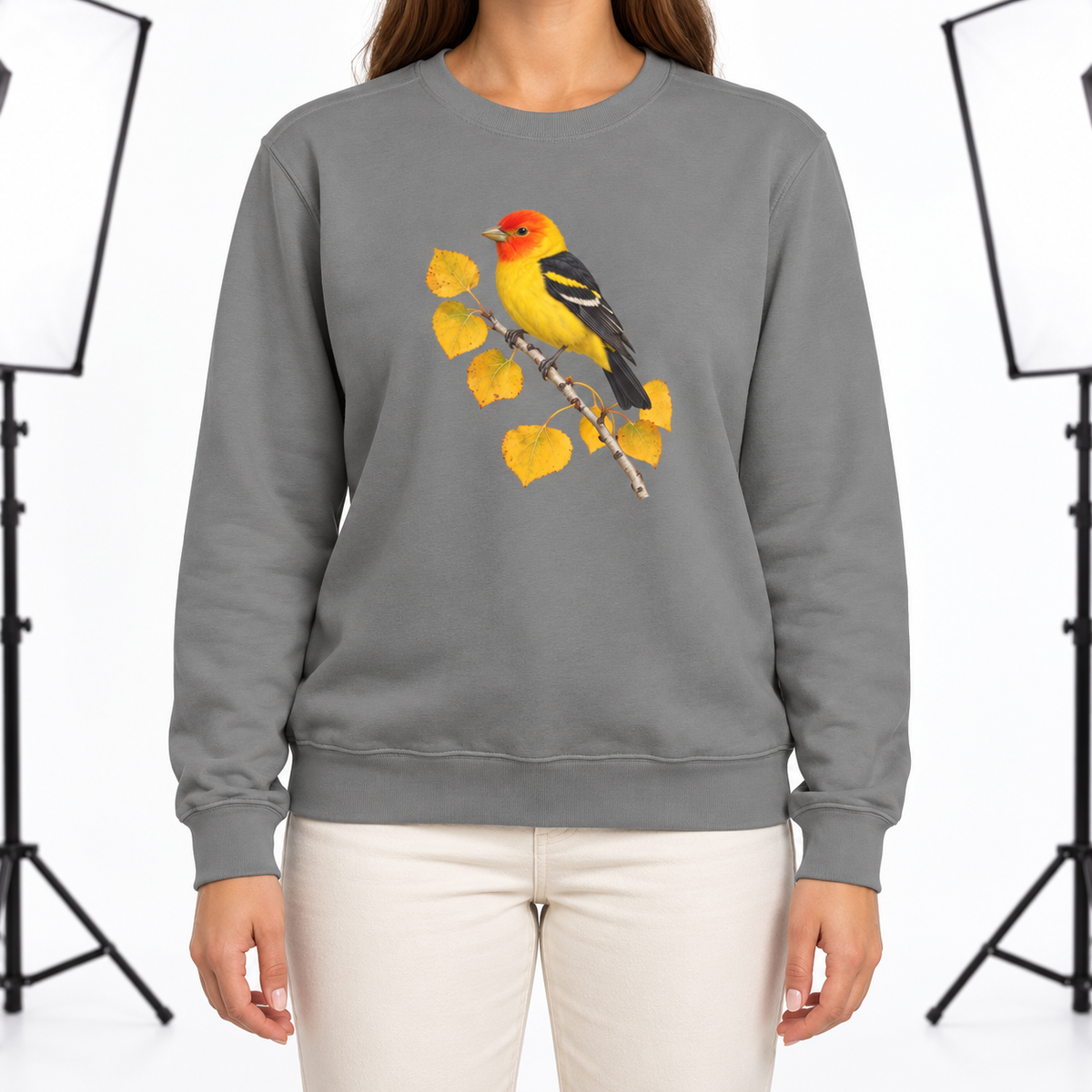 Woman wearing the Western Tanager on Golden Aspen sweatshirt in Grey