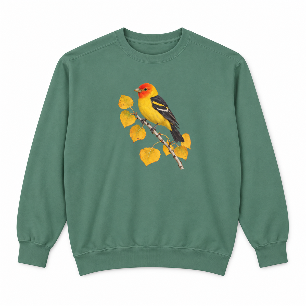 Western Tanager on Golden Aspen sweatshirt in Light Green, flat view