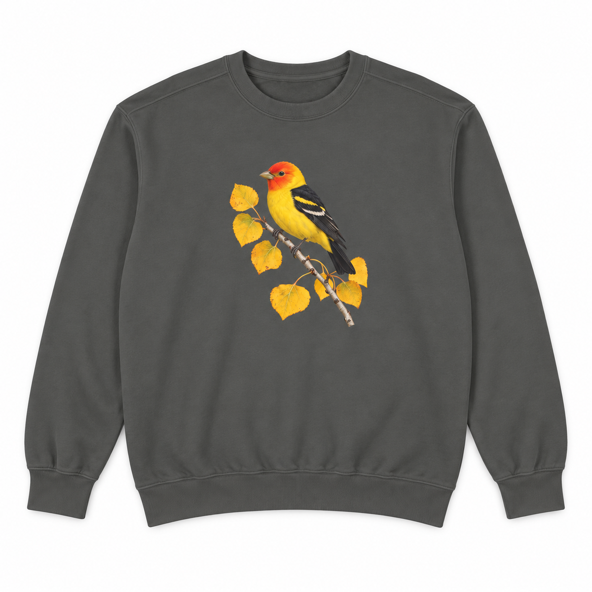 Western Tanager on Golden Aspen sweatshirt in Pepper, flat view