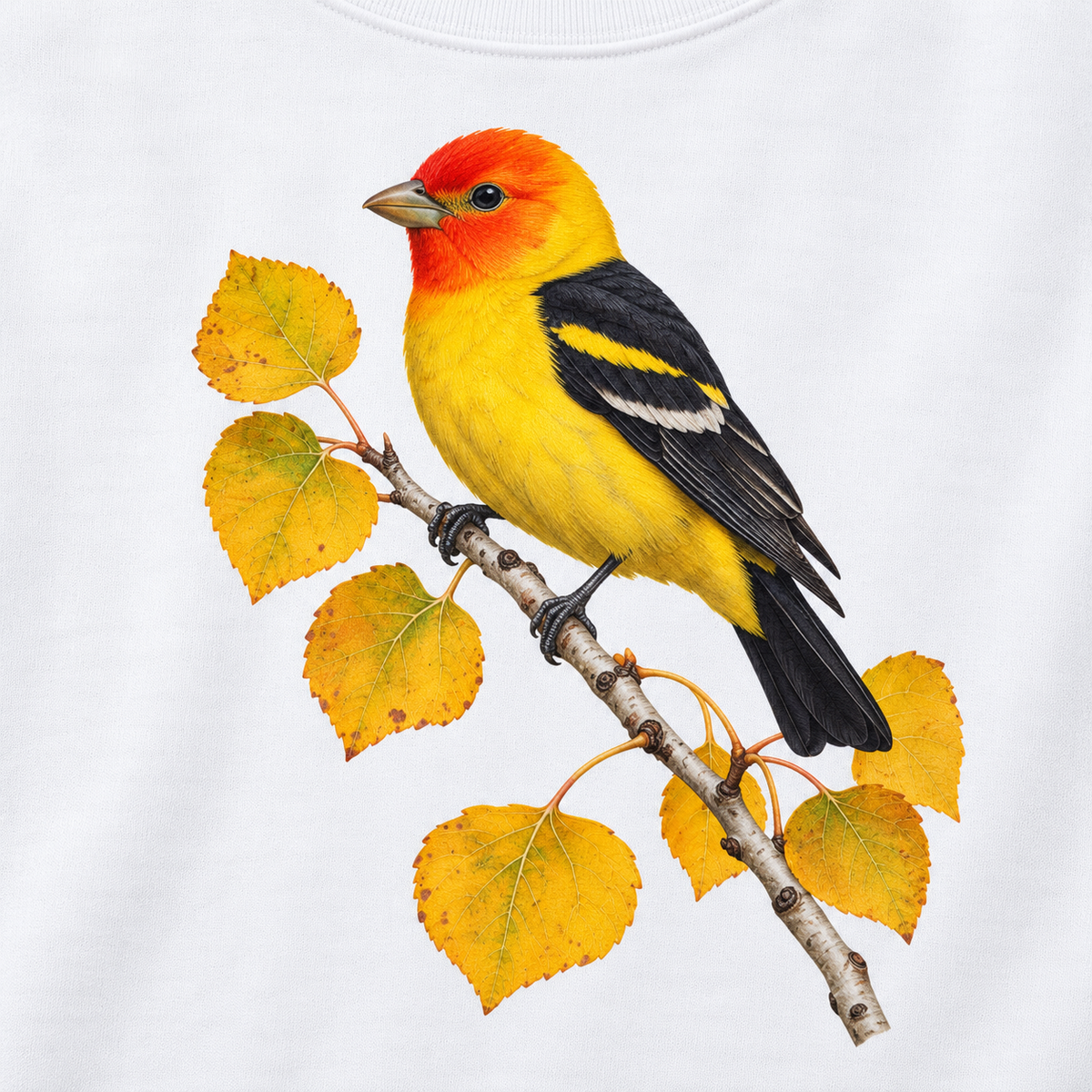 Close-up of the western tanager and golden aspen print on White fleece