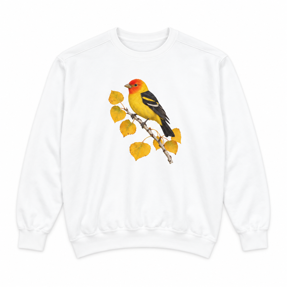 Western Tanager on Golden Aspen sweatshirt in White, flat view