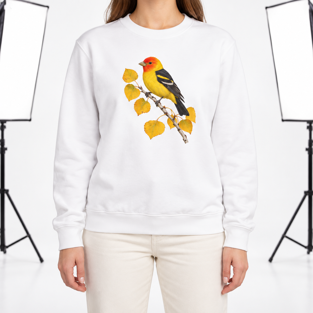 Woman wearing the Western Tanager on Golden Aspen sweatshirt in White